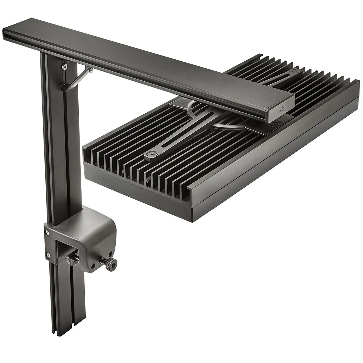 Black metal bracket with heat sink on a white background