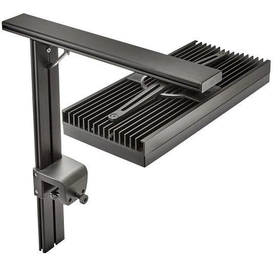 Black metal bracket with heat sink on a white background