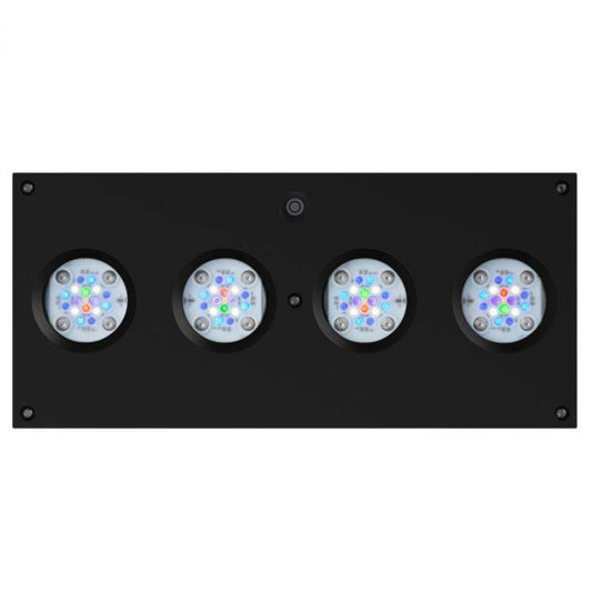 Black rectangular panel with four circular LED lights on a white 
Aqua illumination hydra 64 light 