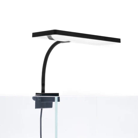 small aquarium light mounted on back of a rimless aquarium with a white background