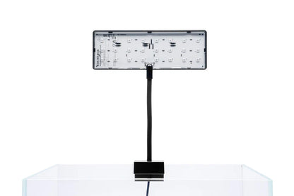 small aquarium light with leds mounted on back of a rimless aquarium with a white background