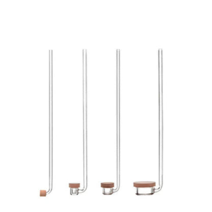 Set of four glass tubes with wooden caps on a white background