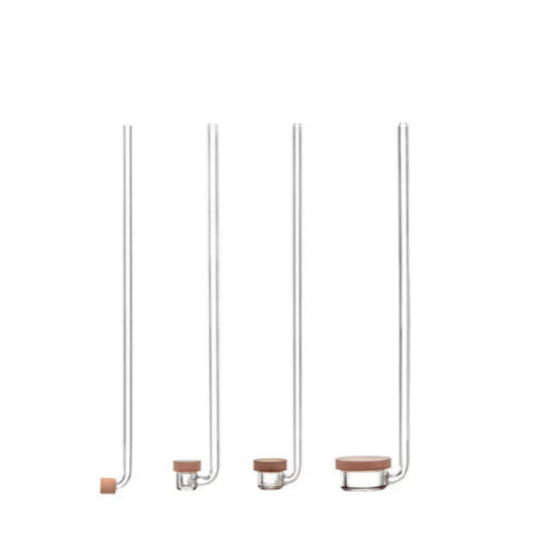 Set of four glass tubes with wooden caps on a white background