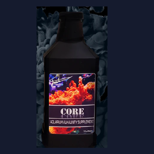 Bottle of aquarium alkalinity supplement with colorful label on a dark background