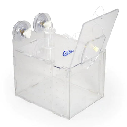 Clear plastic container with suction cups on a white background