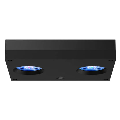 Black rectangular light fixture with two blue LED lights on a white background