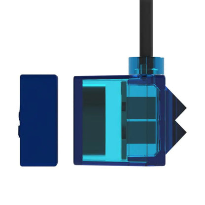 Blue electronic device with a black cable on a white background
