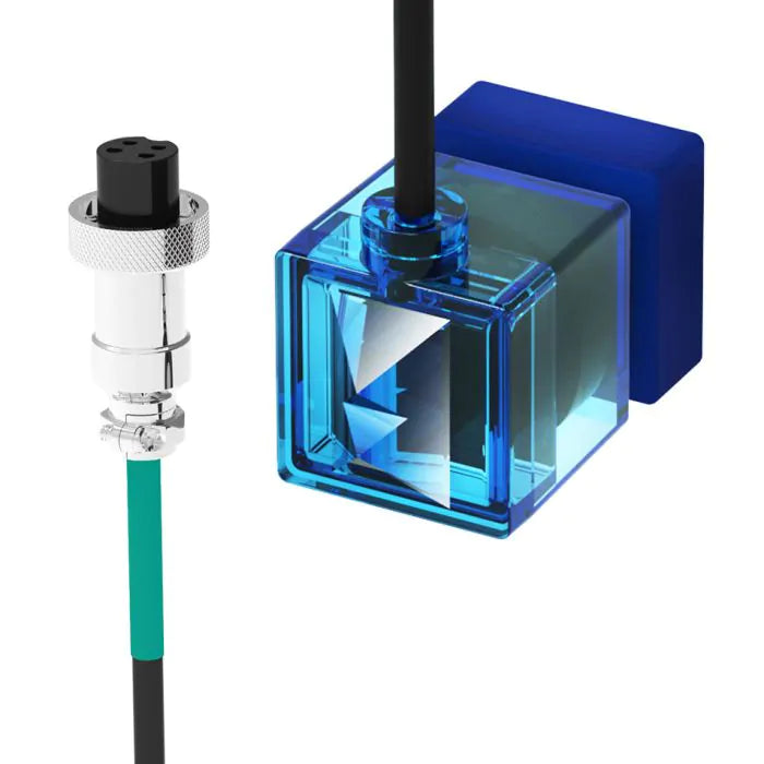 blue laser sensor with plug on white background