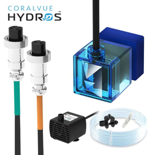 Aquarium equipment set with blue pump and connectors on a white background, featuring Coralvue Hydros branding.