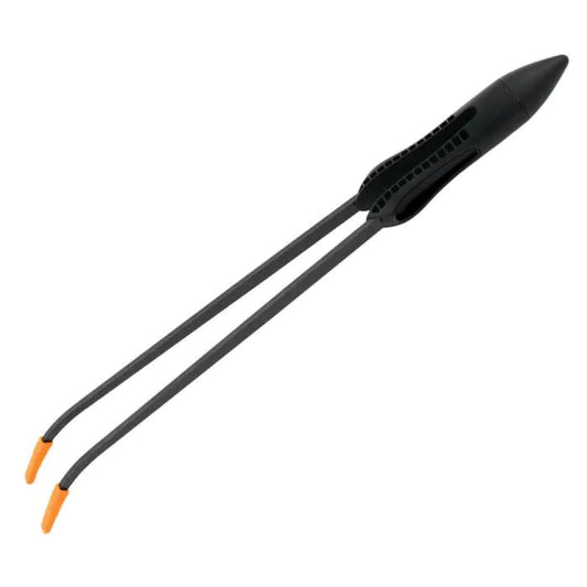 Black tongs with orange ends on a white background