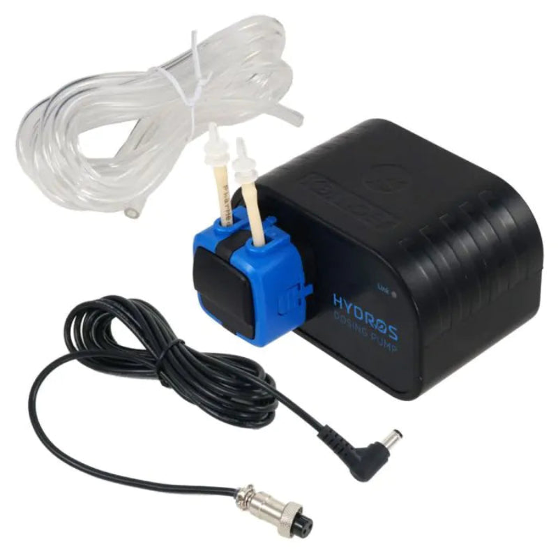 Hydroponic pump system with black pump, blue valve, and cables on a white background