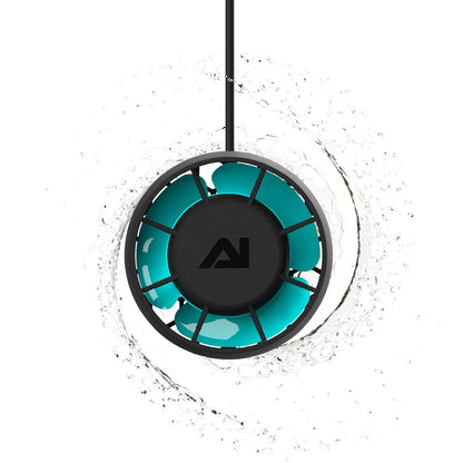 Turquoise and black fan with a brand logo on a white background