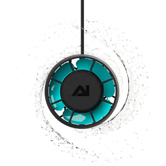 Turquoise and black fan with a brand logo on a white background