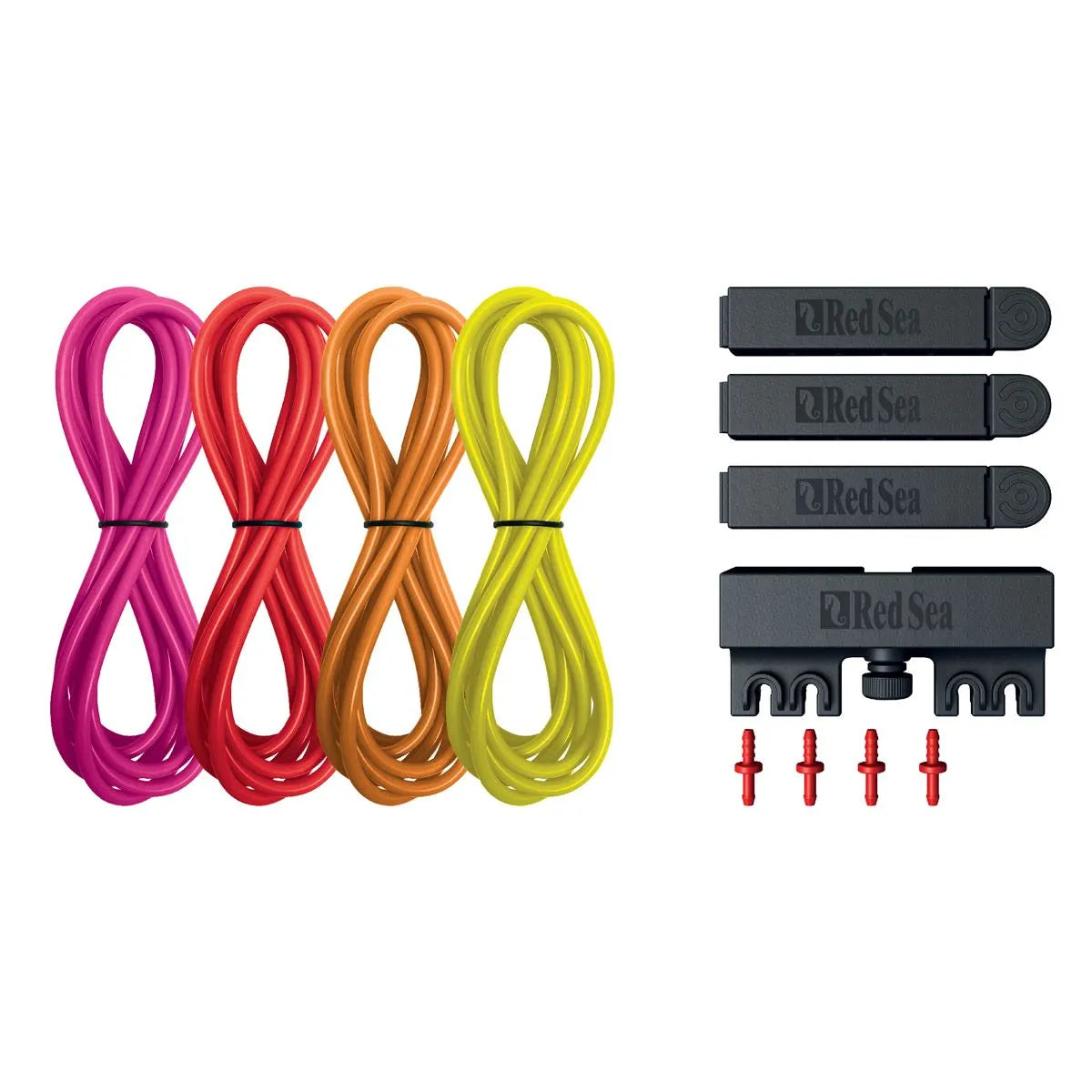 Set of colorful cables and black connectors on a white background