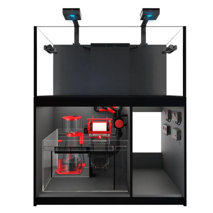 Black and red gaming setup with a monitor and speakers on a white background