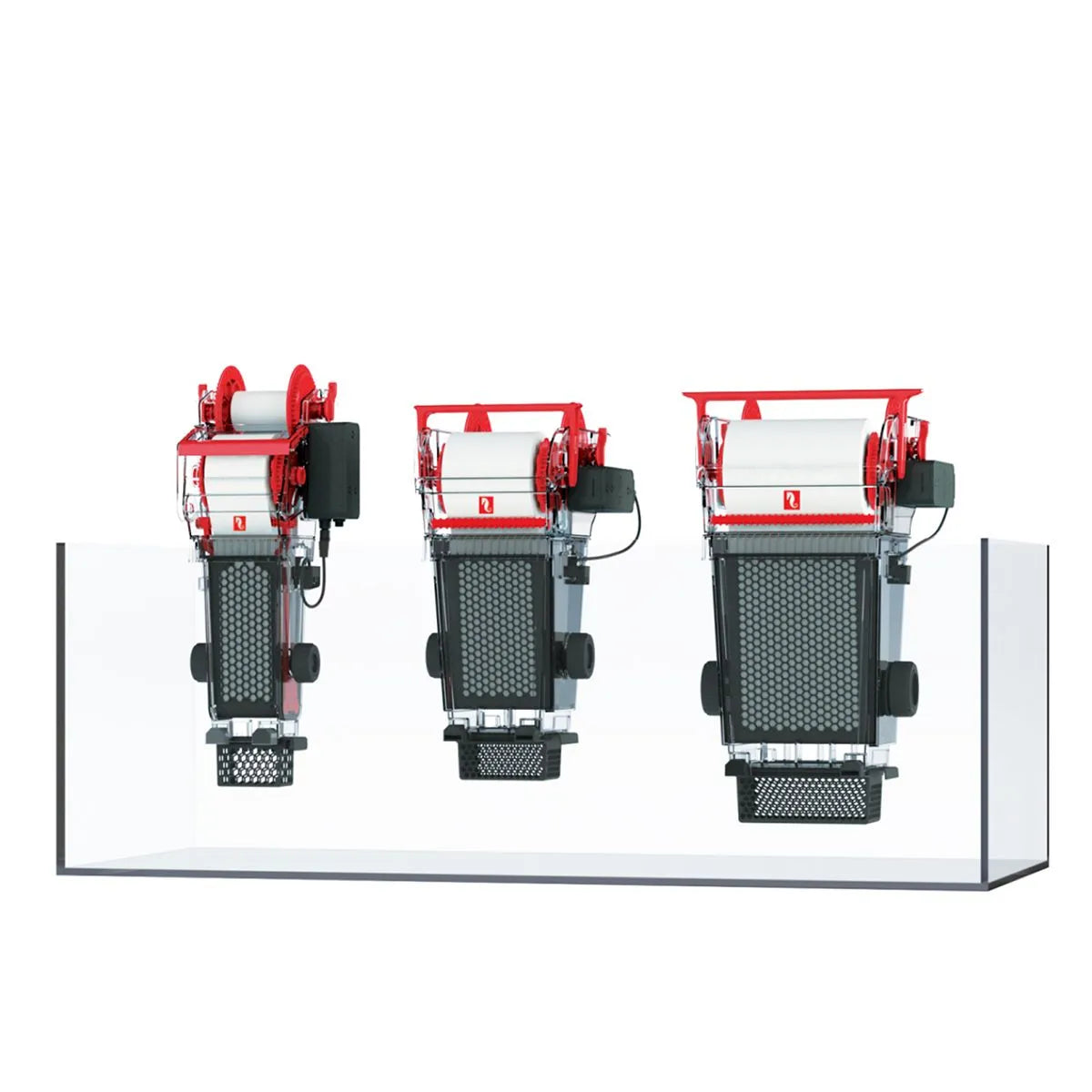 Three red and black mechanical devices on a white background