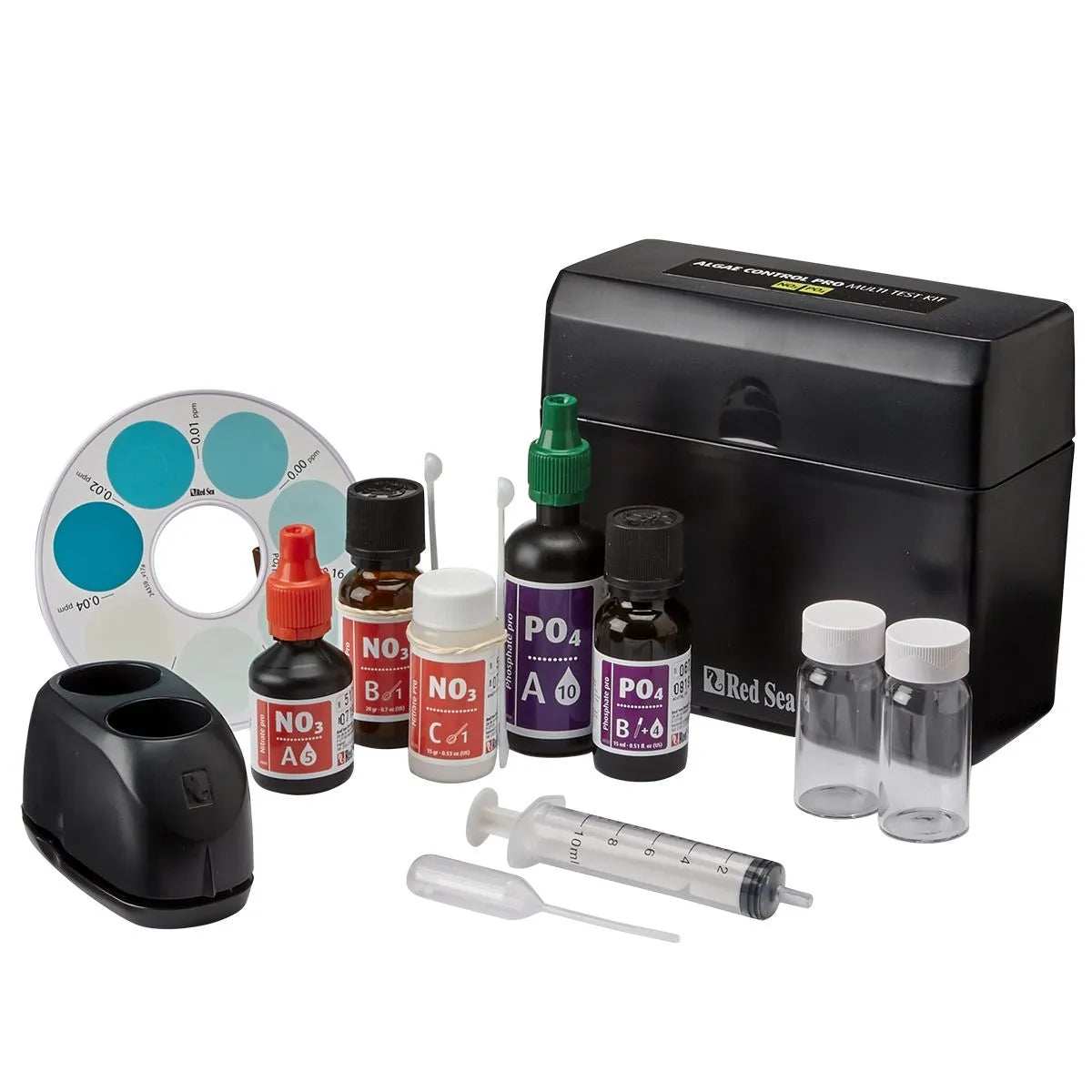 Marine aquarium water quality test kit with various bottles, a syringe, and a color chart on a white background.