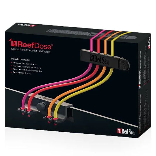 Box of ReefDose Deluxe 4-color tube kit with Red Sea branding on a white background