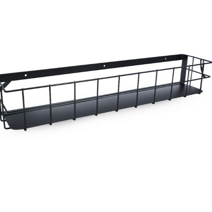 Black metal wall-mounted shelf on a white background