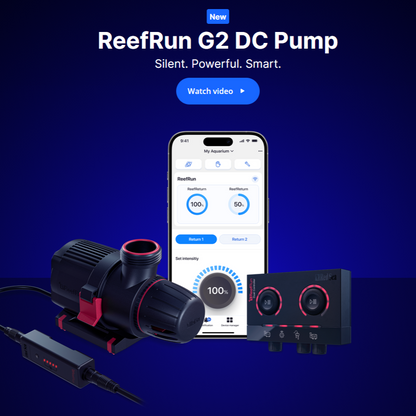 ReefRun G2 DC Pump with smartphone app on a blue background