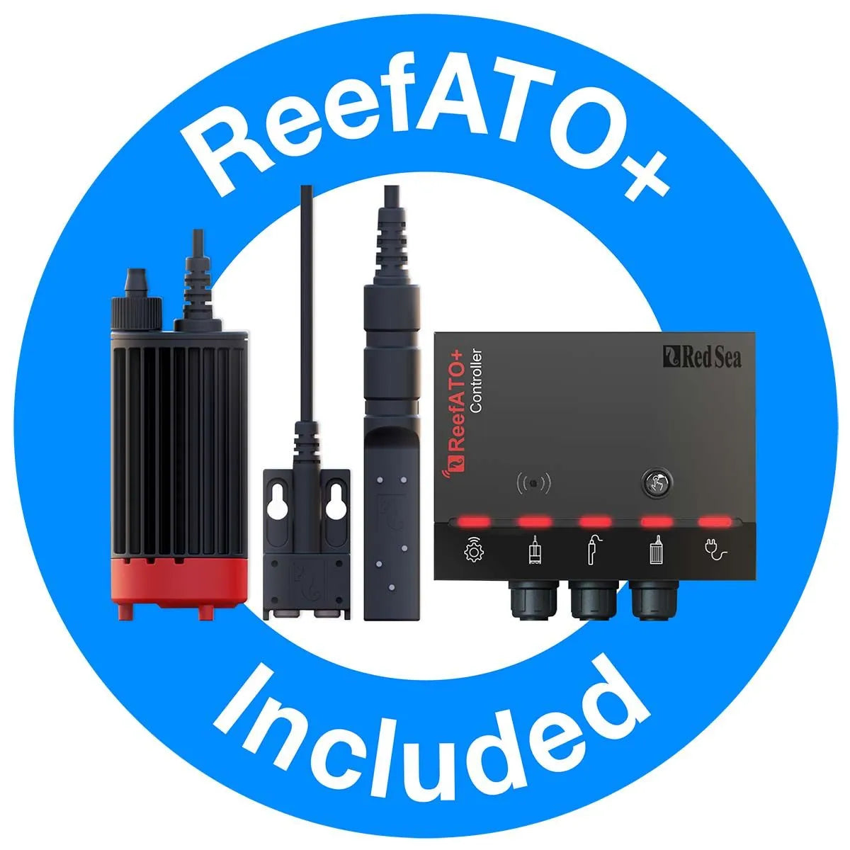 Red Sea ReefATO+ system components with 'Included' text on a blue circle background