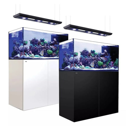 Two aquariums with coral setups and lighting on a white background