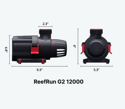 Dimensions of ReefRun G2 12000 pump on a white background