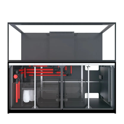 Internal components of a red sea reefer showing plumbing, sump and control panel on a white background