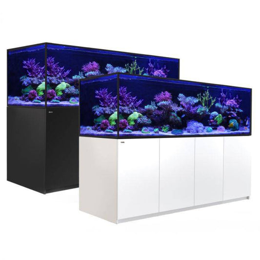 Large aquarium with colorful coral and fish on a white cabinet