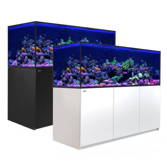 red sea reefer 850 aquarium with lack stand behind an aquarium with a white stand on a white background