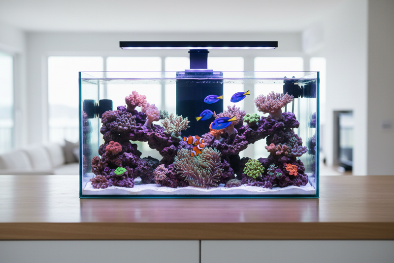 show a beautiful countertop reef aquarium