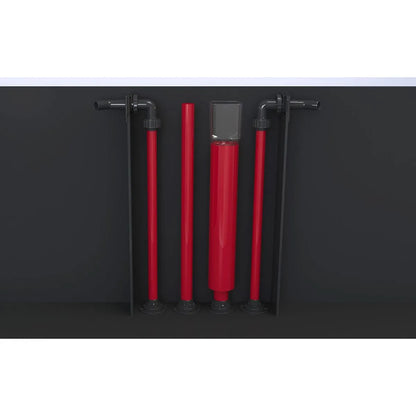 Red pipes with black connectors on a black background