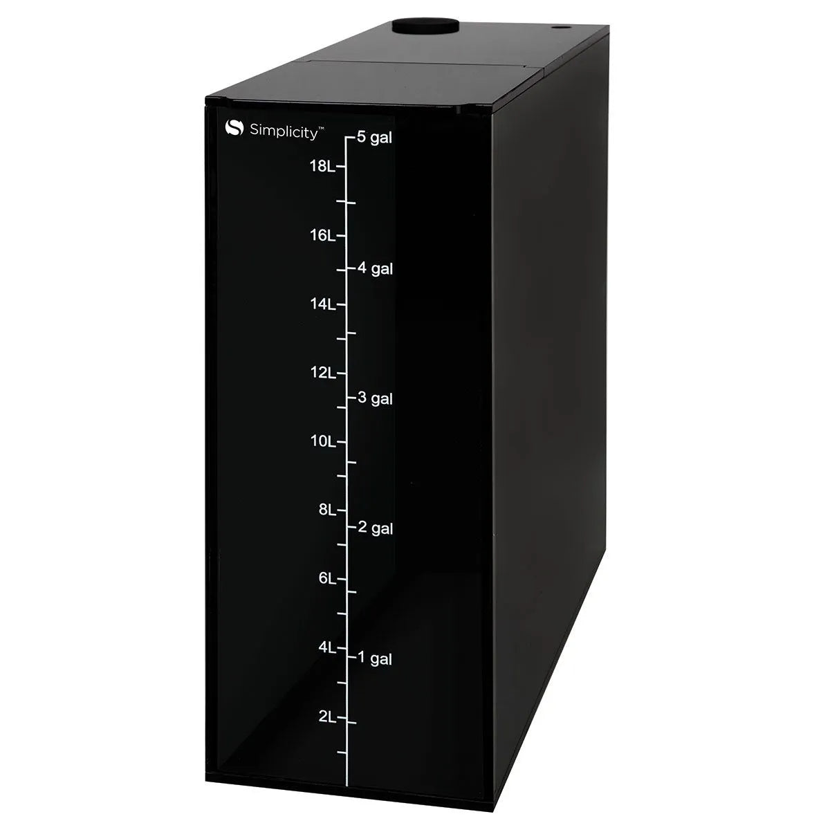Black water storage tank with measurement markings on a white background