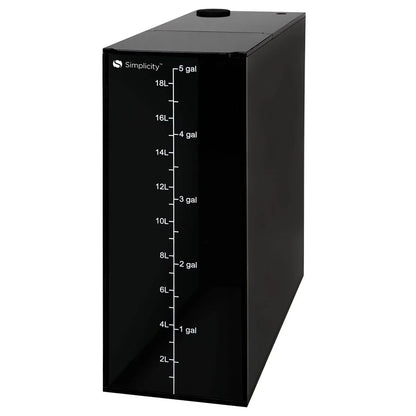 Black water storage tank with measurement markings on a white background