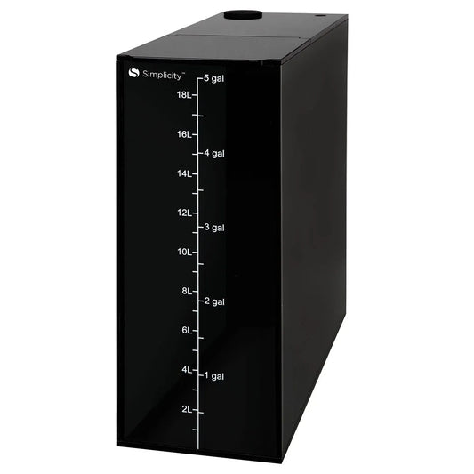 Black water storage tank with measurement markings on a white background