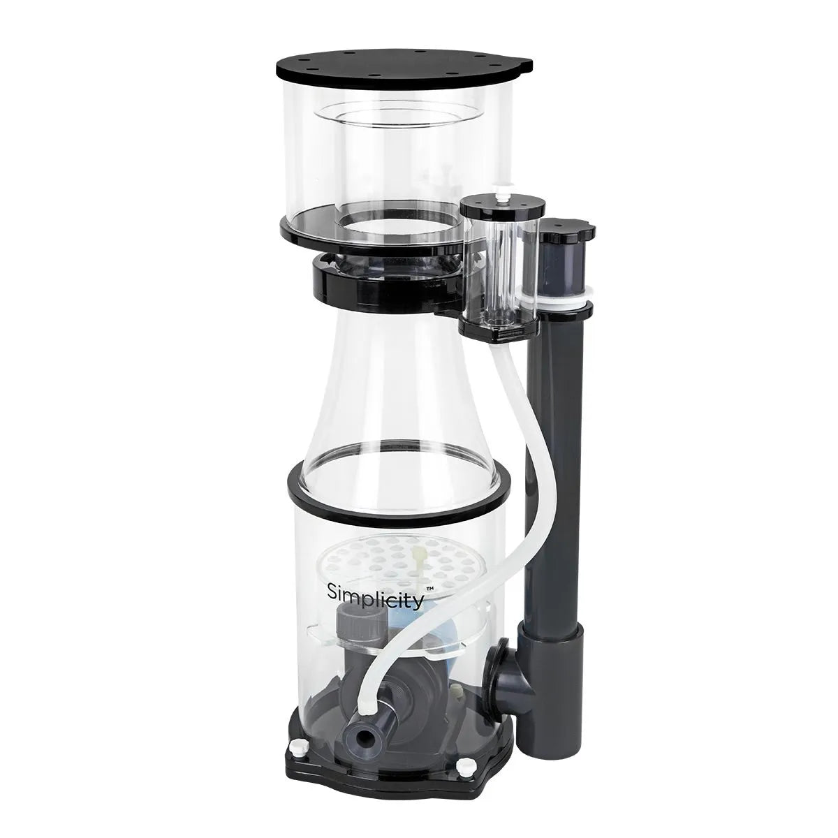Clear aquarium filter with black components on a white background