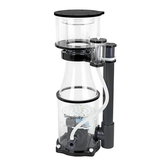Clear aquarium filter with black components on a white background