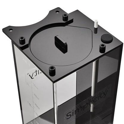 Black and clear container with measurement markings on a white background