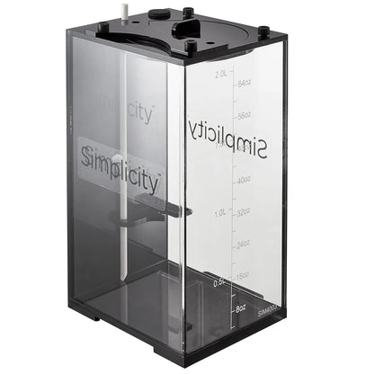 Simplicity water dispenser with clear container and black base on a white background
