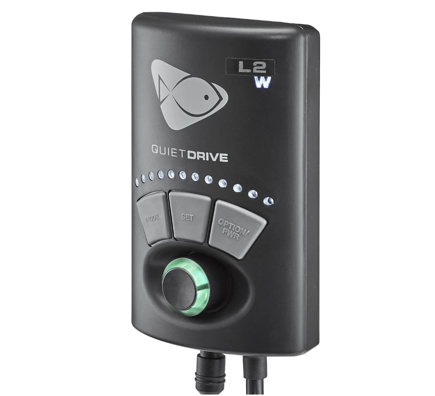 Black electronic device with control buttons and a green indicator light on a white background