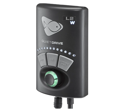 Black electronic device with control buttons and a green indicator light on a white background