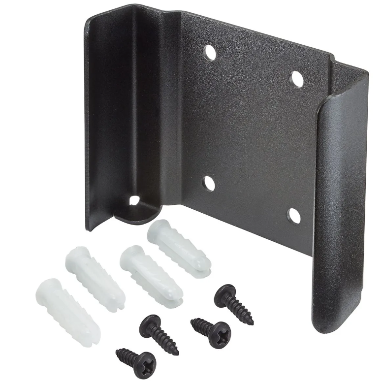 Black wall mount bracket with screws on a white background