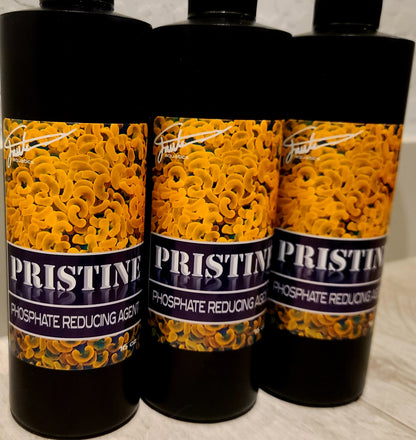 Three bottles of PRISTINE Phosphate Reducing Agent by Fauth Aquatics, each containing 16 oz of liquid.