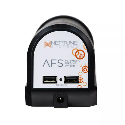 An AFS Automatic Feeding System by Neptune Systems, designed for feeding fish in aquariums. The device is black, with a label that includes the product name and 'AquaBus' system compatibility.