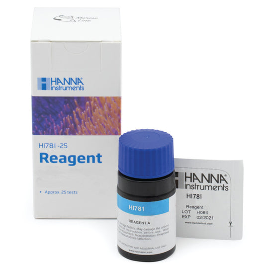 A box of Hanna Marine Nitrate Checker Reagents with a bottle of reagent and a label in front of it.