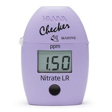A Hanna Nitrate high Range Checker, model HI781, in purple color with a digital read out screen showing the nitrate level.