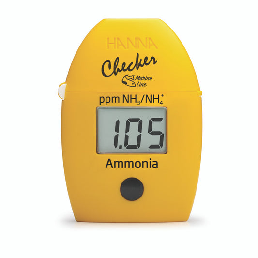 A Hanna brand checker for measuring ammonia levels, displaying a reading on its digital screen.