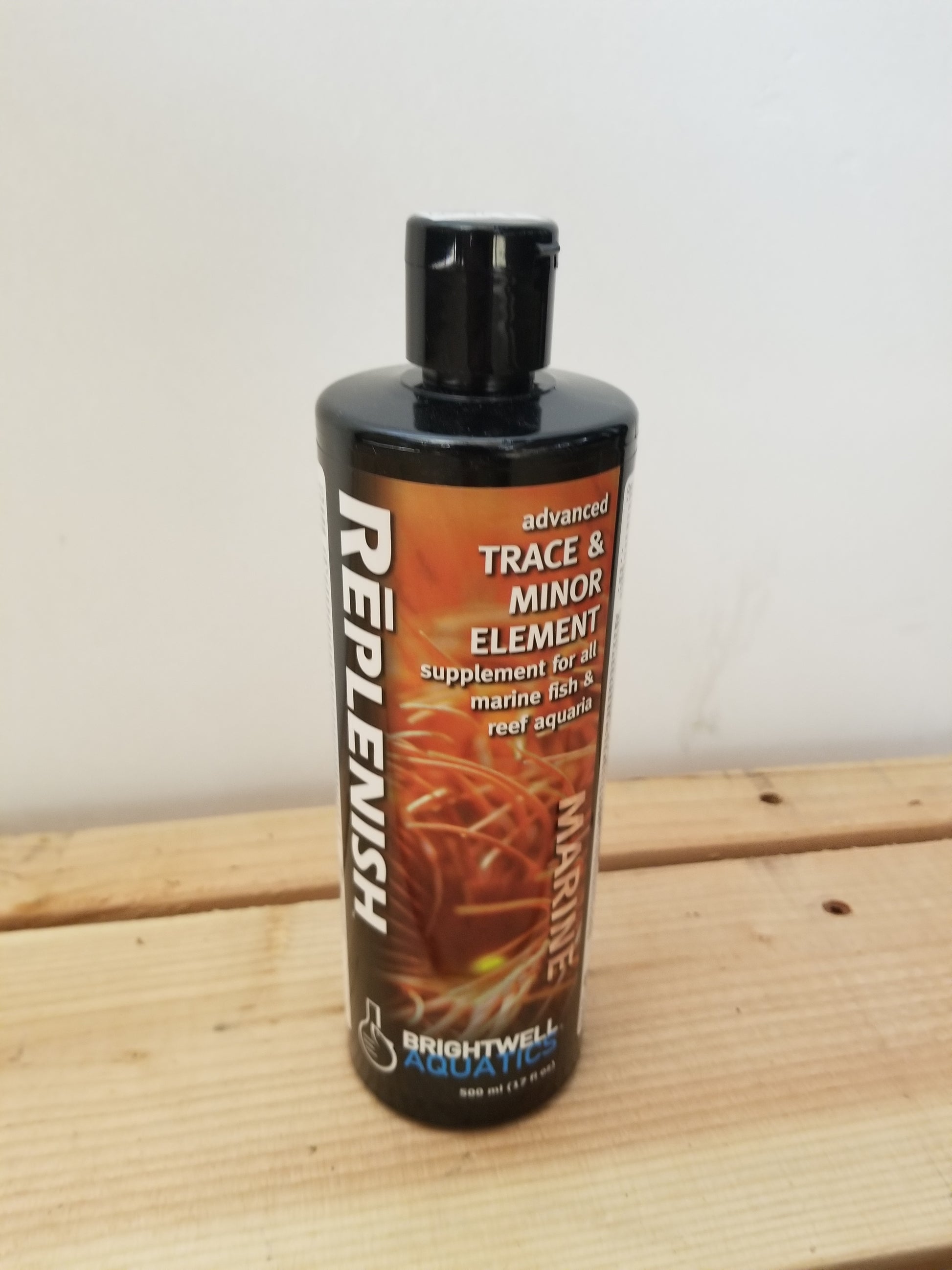 A bottle of Brightwell Replenish 500ml, which is a supplement for aquarium water.