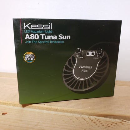 Boxed Kessil Tuna Sun A80 LED aquarium light, with product image and details visible on the packaging.