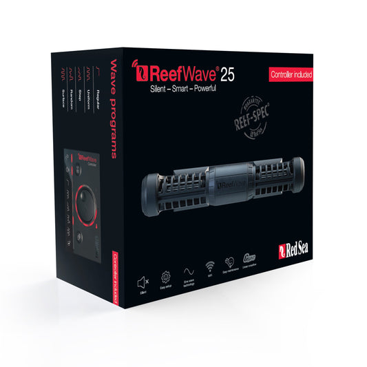 The product image shows the packaging of the Red Sea ReefWave 25 Gyre Pump. The box is predominantly black with red accents and the pump visible through a cut-out window.